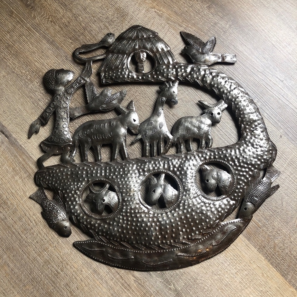 Haitian hammered tooled metal art Noah’s Ark wall decor handmade 14”x15” signed